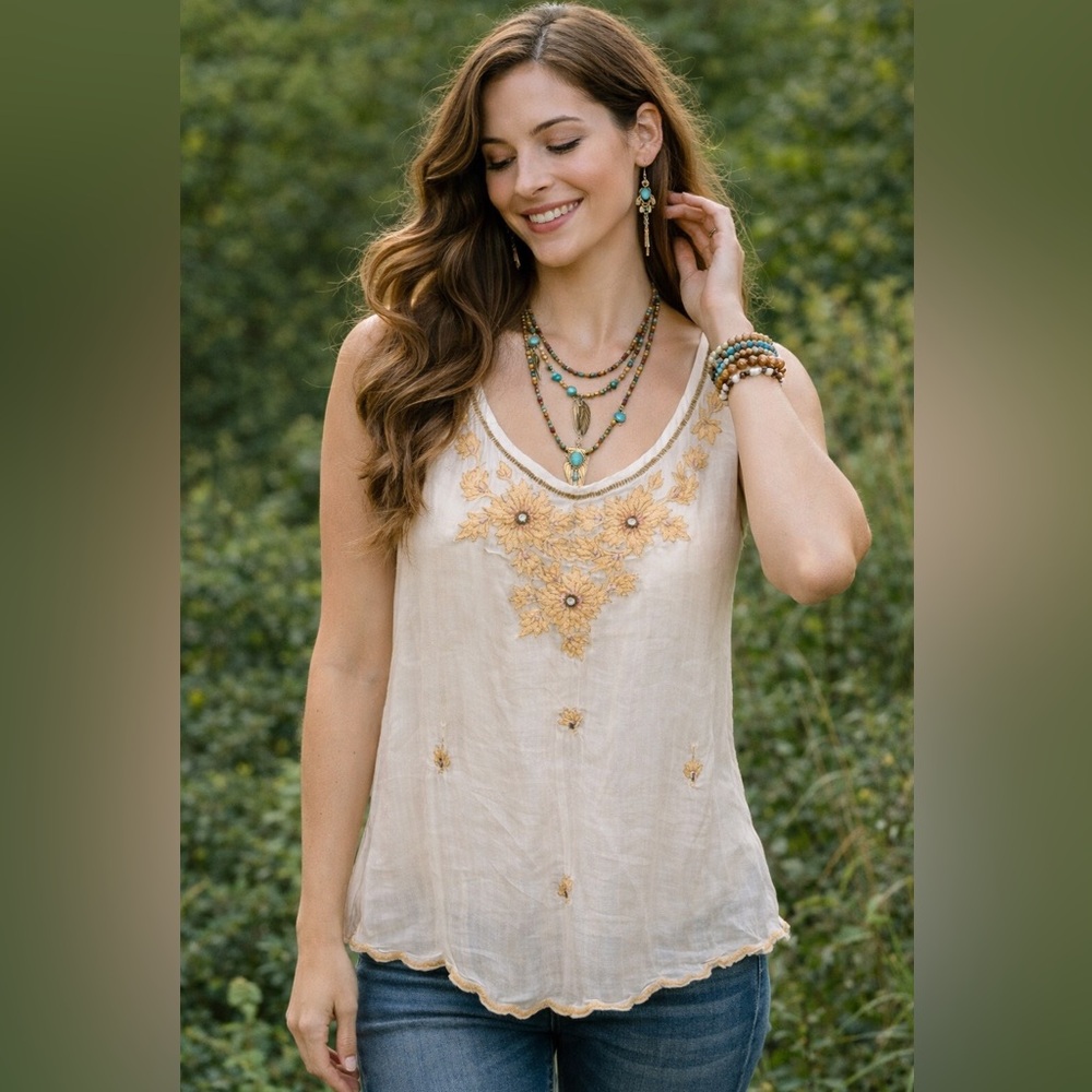 Lucky Brand Sheer Ivory Size Small Blouse Sleeveless Embroidery Crystals